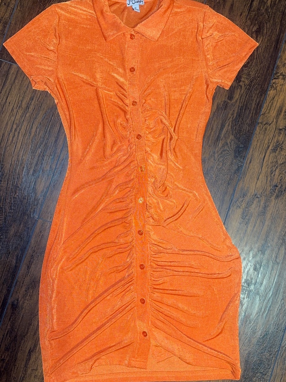 Orange Button-Front Ruched Knit Dress